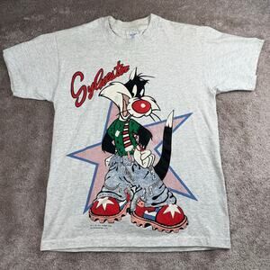 Vtg 90s Sylvester the Cat Warner Bros Cartoon Graphic T-Shirt Size M Looney Tune